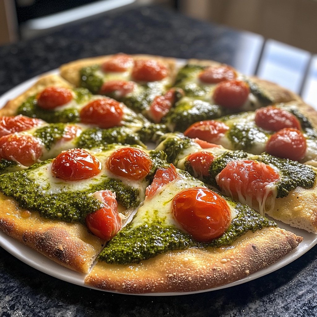Pizza mit Pesto und Kirschtomaten
