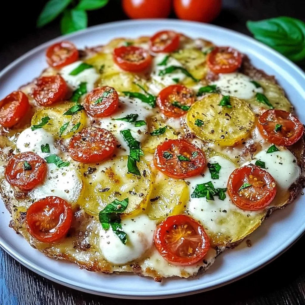 Knusprige Kartoffelpizza vom Blech mit Tomaten und Rucola