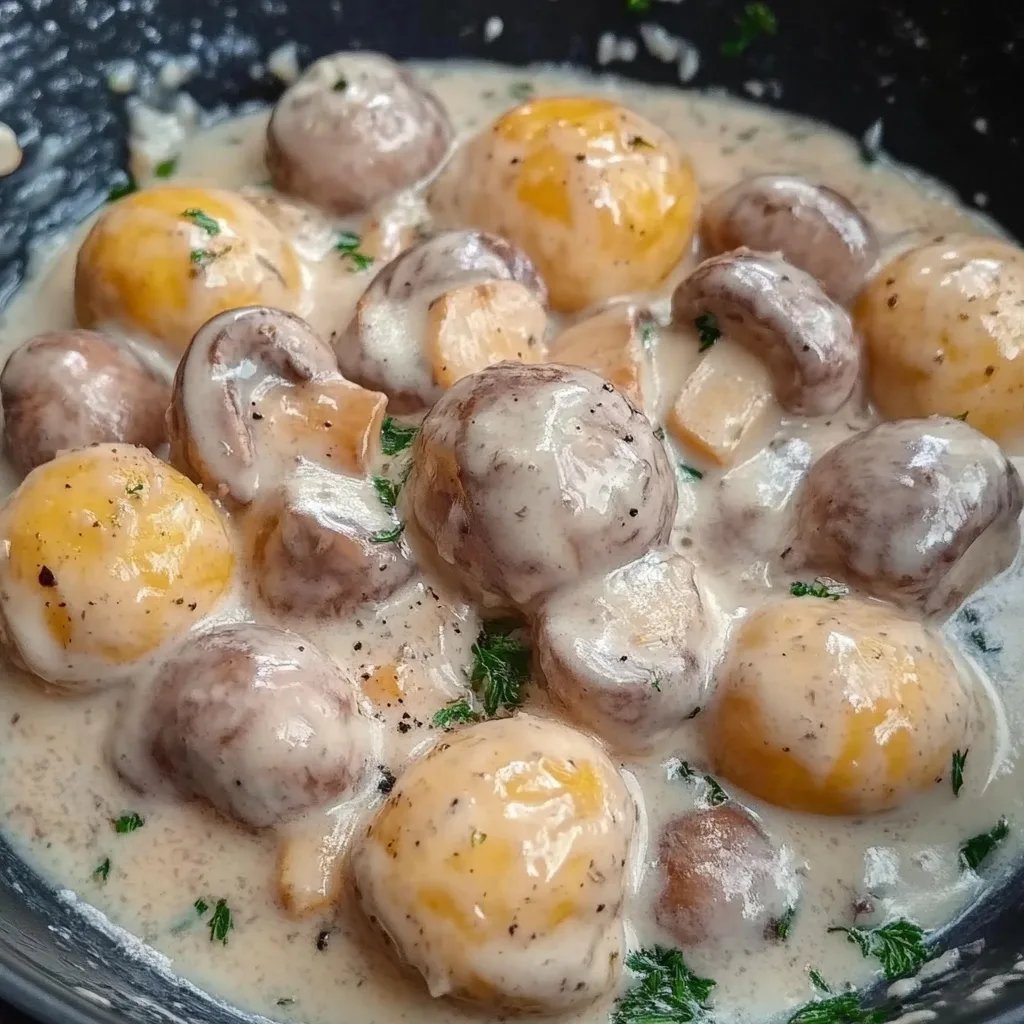 Schnelle Knödel Pfanne mit Champignonrahm